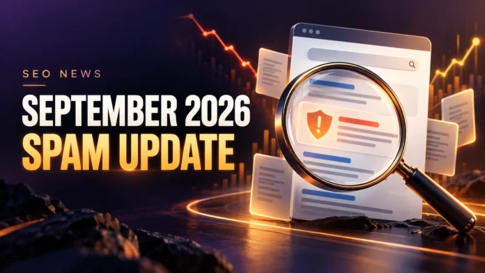 Search performance chart beside a September 2026 spam update notice